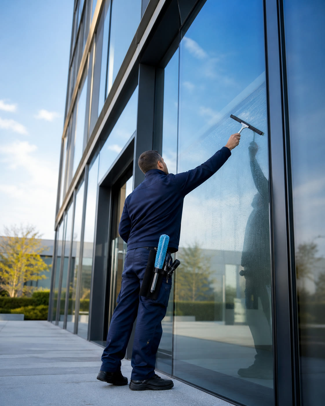 Professionelle Glasreinigung an einem modernen Gebäude
